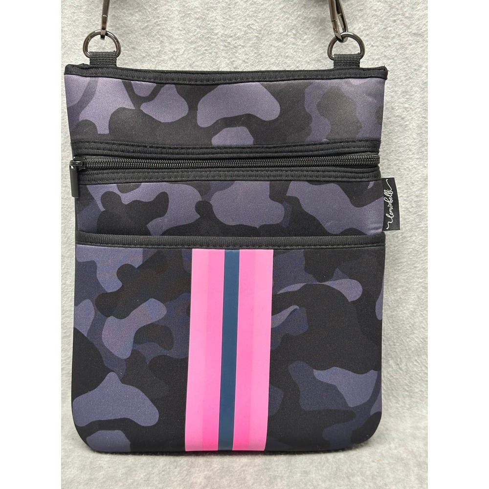Lemonbella Neoprene Crossbody Bag Womens Camo Pink Navy Racing Stripe